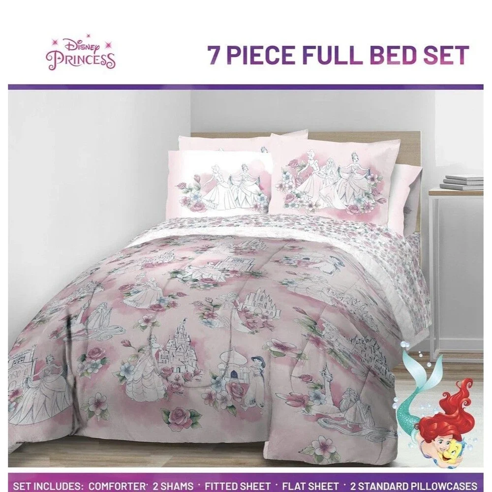Kids' Pink Princess Comforter Set with Castle & Floral Motifs